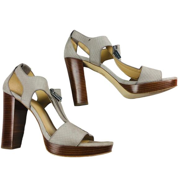 3698 Michael Kors Grey Leather Snake Embossed Heels Peep Toe Zip Sandals 10M - Picture 3 of 8